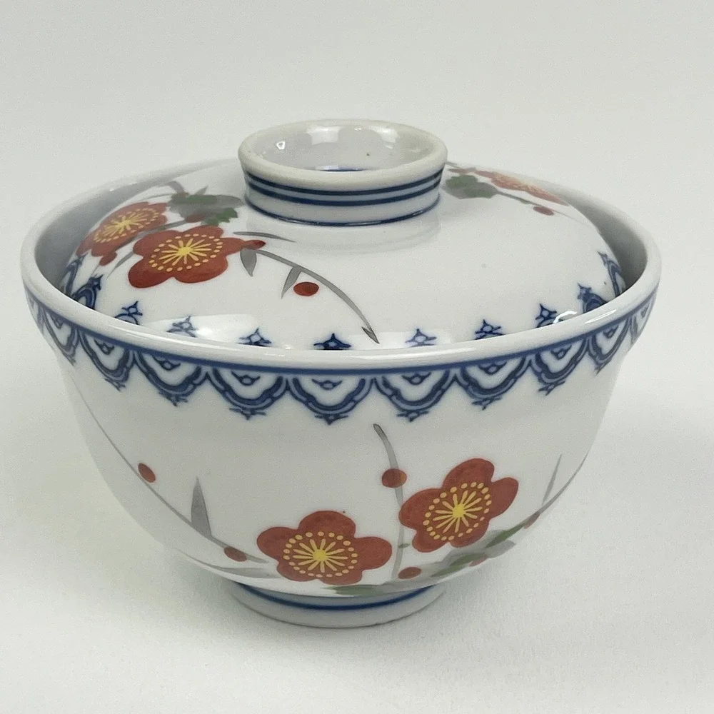 Asian Porcelain Floral Rice Bowl with Lid Blue Red White Lotus Flower 4.5